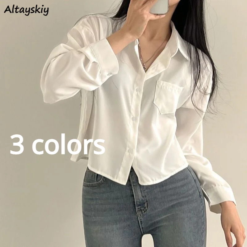 Vintage Shirts Women Chic Korean Fashion Simple All-match Long Sleeve Office Lady Tops Clothing Summer Sun-proof Elegant Cropped