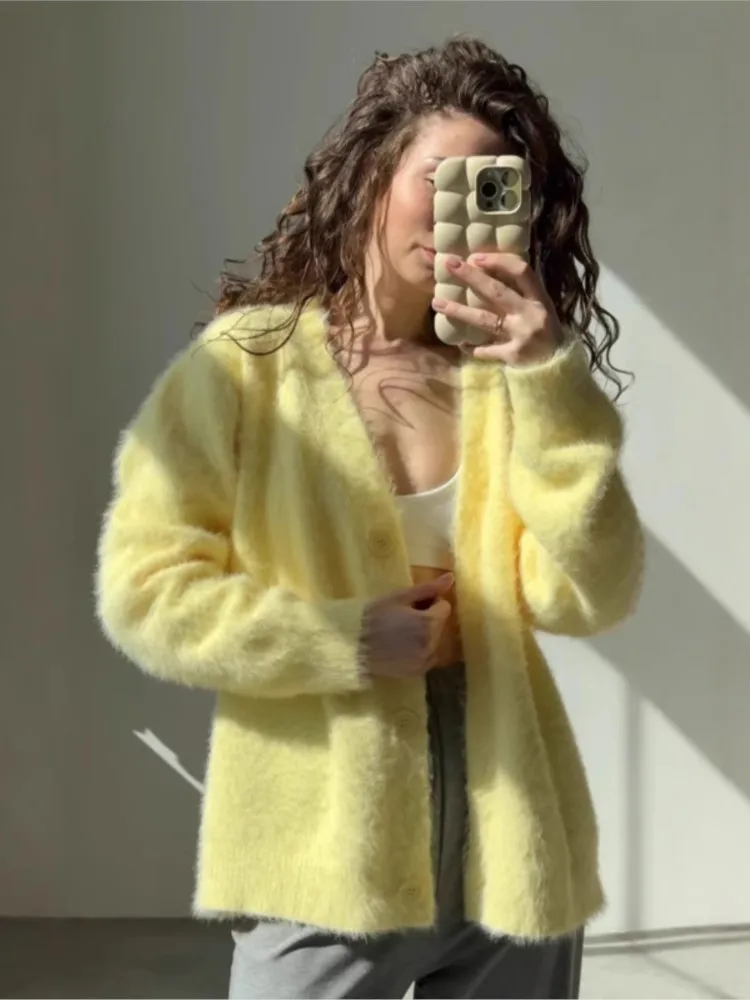 

Yellow Cardigan Sweater Women 2025 New Autumn Chic Solid Soft Warm Fluffy Knitwear Casual Loose Single-breasted V Neck Sweaters
