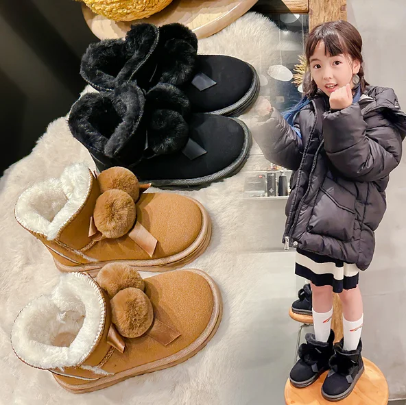 Girl Snow Boots Elegant New Children's Winter Boots Sweet Bowknot Ball Hairball Kids Fashion Warm Plush Princess Cotton Boots