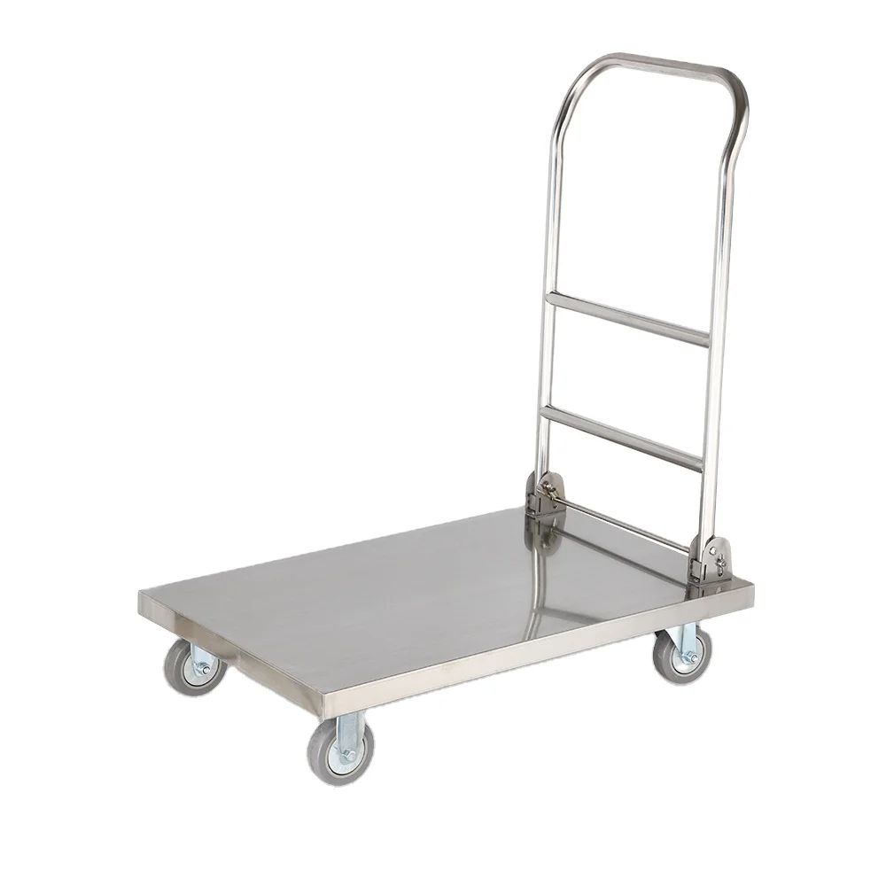 Stainless steel flatbed trolley mute trailer truck hand push cart household folding trolley pull cargo light car