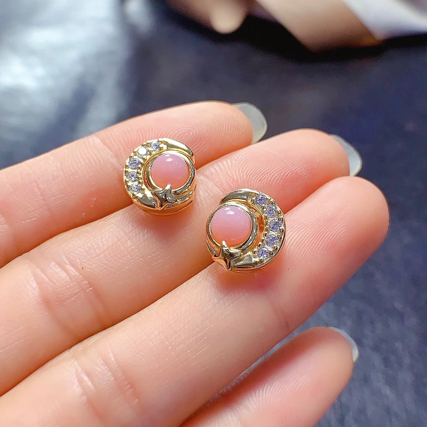 

FS 5mm Natural Pink Opal Earrings S925 Sterling Silver for Women Fine Fashion Moon Star Design Charm Wedding Jewelry Certificate