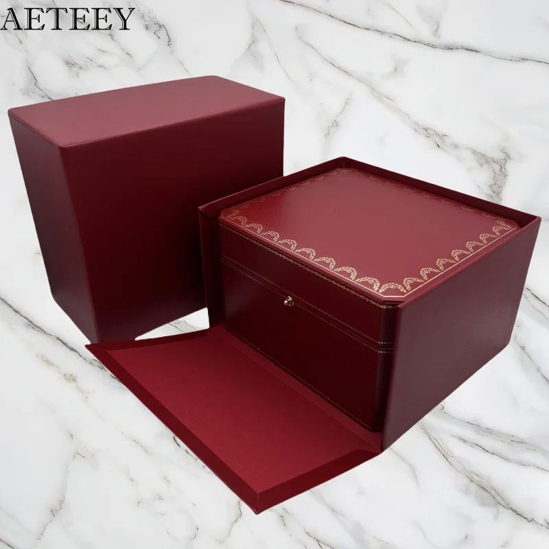 صندوق سفر لتخزين الساعات باللون الأحمر للرجال والنساء من AETEEY مع حقيبة ورقية لساعة العلامة التجارية الفاخرة وحقيبة هدايا عطلة الزفاف