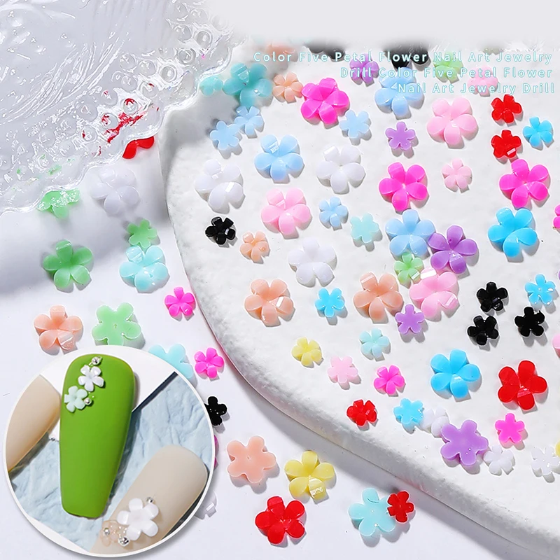 Mini flor japonesa de piezas para decoración de uñas, dijes acrílicos de cinco pétalos, adorno de joyería, accesorios Kawaii para manicura, 200