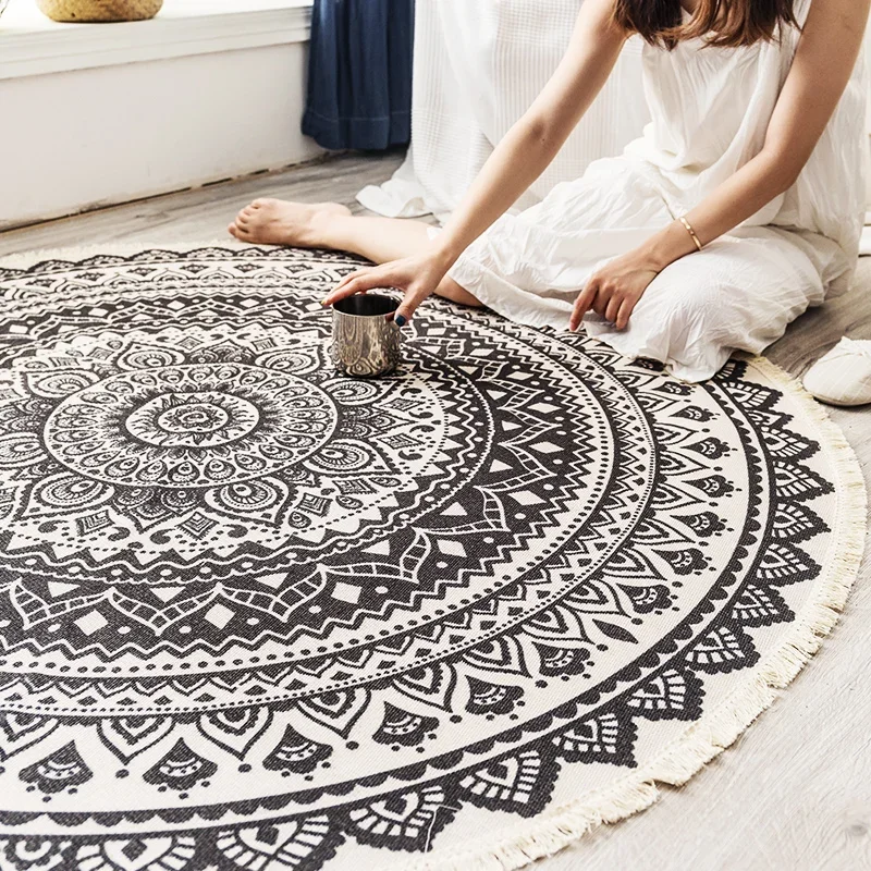 Cotton and Linen Retro Round Carpet Bedroom Bedside Blanket Hanging Basket Round Floor Mat Living Room Non-slip Machine Washable