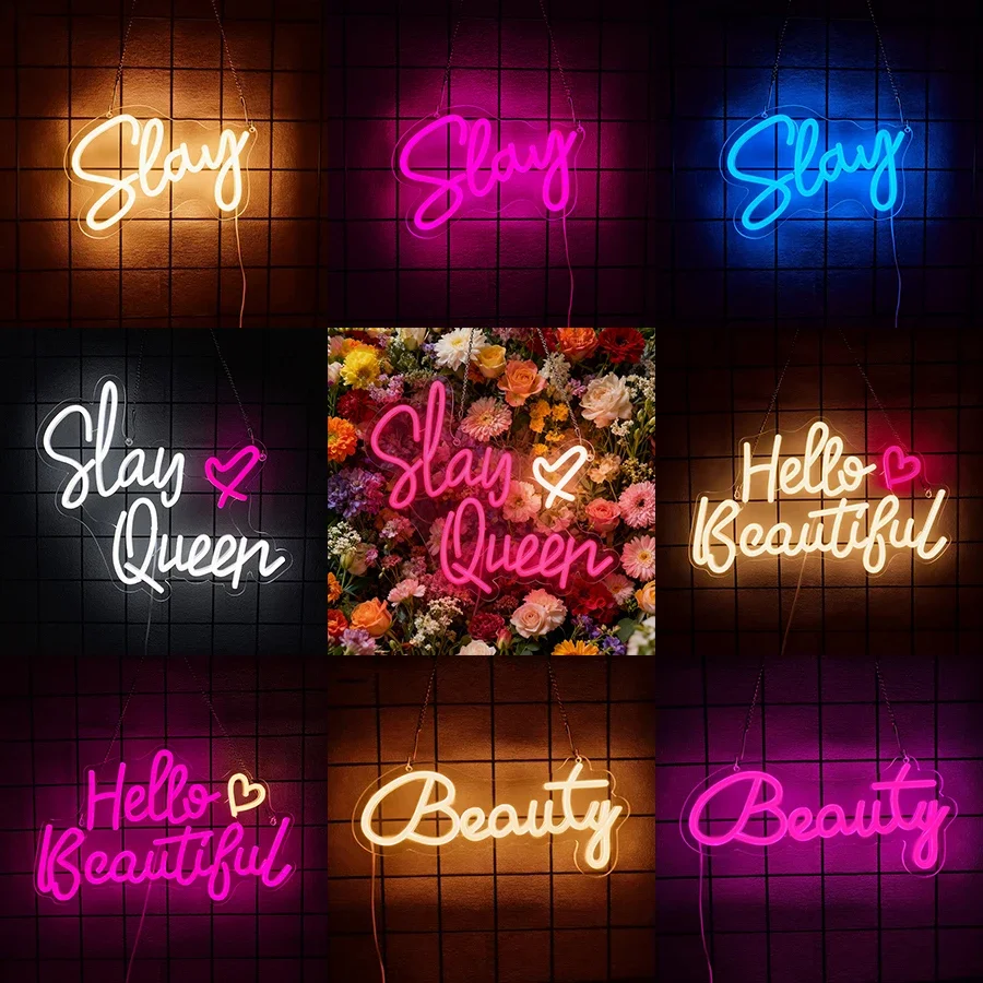 Slay Queen Led Signs For Wedding Party Bedroom Birthday Beauty Salon USB Powered，Hello Beautiful Neon Signs for Wall Decor.