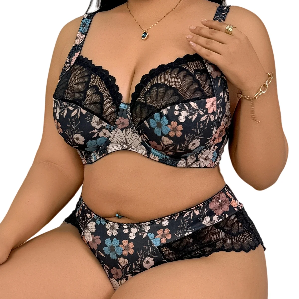 

2-Piece Plus-Size Women's Vintage Floral Print Sexy Lingerie Set Lace-Trimmed Padded Push-Up Bra With Wide Straps Underwear Set