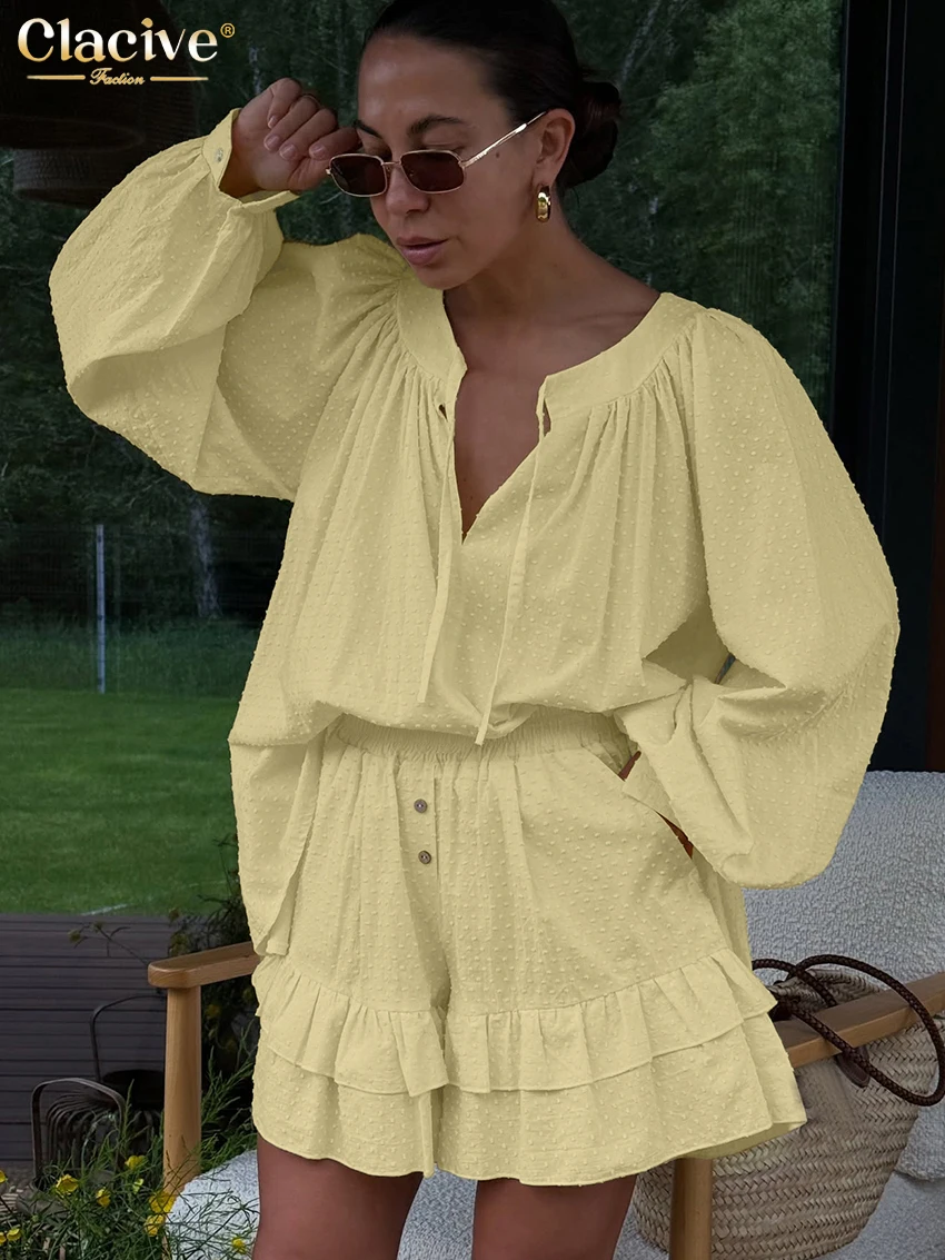 

Clacive Fashion Loose Yellow Cotton Women's Two Pieces Set 2025 Elegant Long Sleeve Shirt With High Waist Shorts Set Female