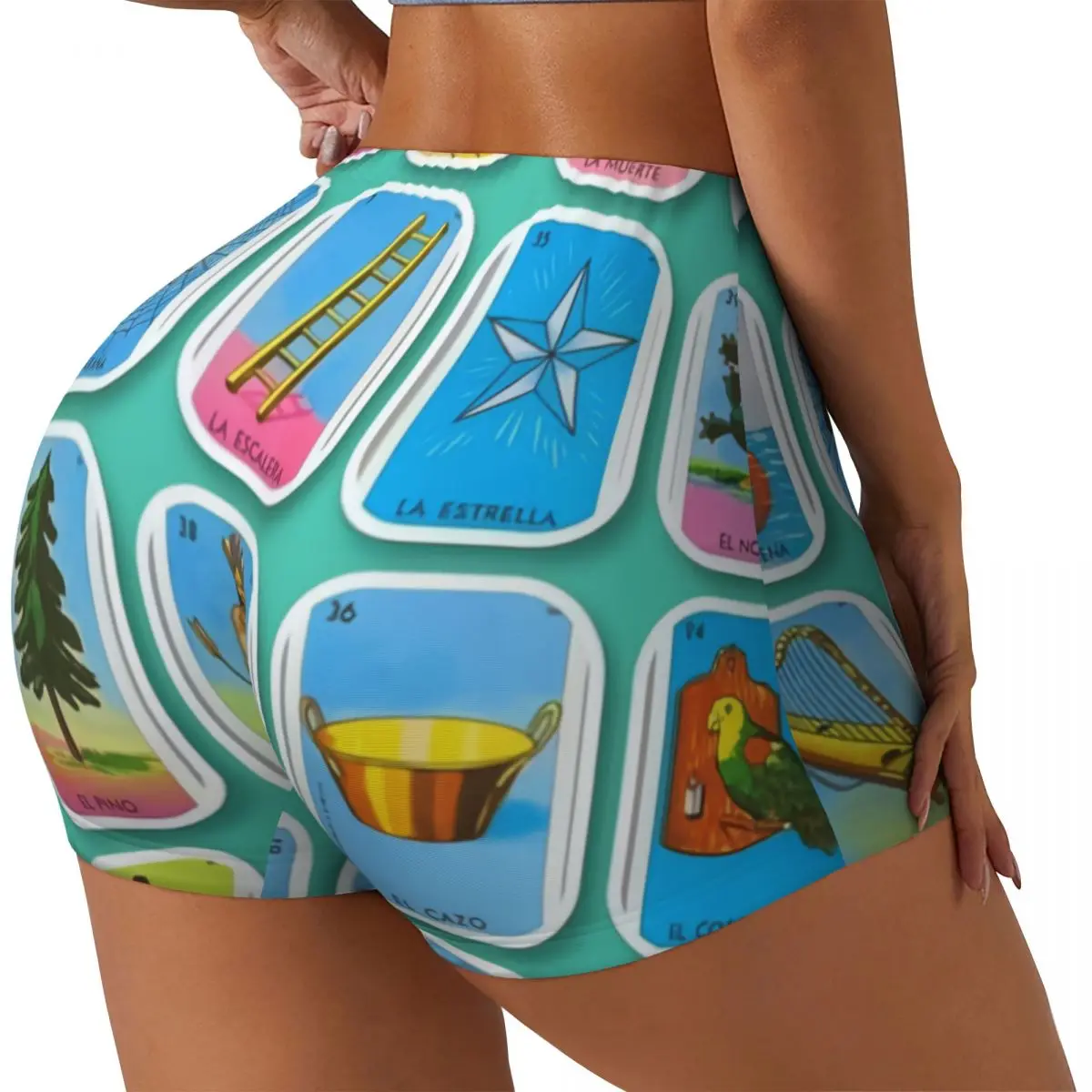 Custom Loteria Card Mexican Bingo Lottery Gym Volleyball Biker Shorts Women's Workout Yoga Shorts