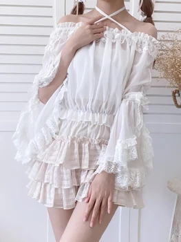 Camicia da ragazza morbida in pizzo giapponese stile Lolita con strati interni Camicetta da donna per top con spalle scoperte Capispalla a maniche lunghe Summe Shir