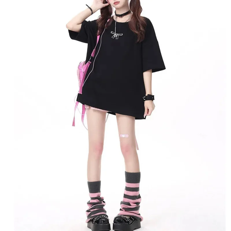 Women Bow Tie Tops&Tees With Pure Cotton Short Sleeved T-shirt For Summer Strap Dopamine Casual Half Sleeved Loose Top Tee New