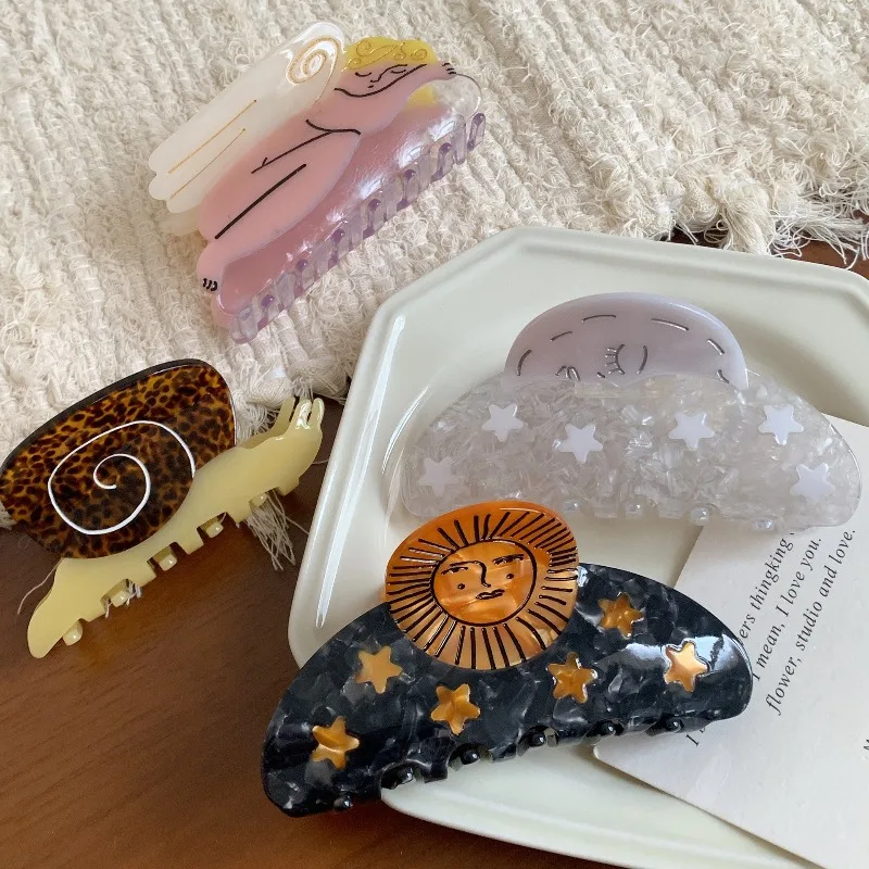 中サイズのアセテートヘアクロー、ひまわり・星・カタツムリデザイン、スタイリッシュなヘアアップスタイル、滑り止め、エレガントな普段使い、女性用ヘアアクセサリー