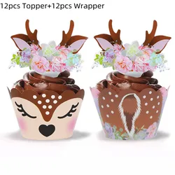24Pc/Set Elk Deer Cupcake Wrapper Antler Cake Topper Christmas Deer Cakes Decor Christmas Party Decoration 2025 Navidad New Year