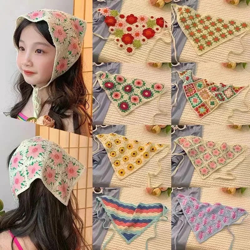 Retro Sweet Flower Triangle Hair Scarf Women Summer Knitted Headband Bandana Headscrf Hair Accessories