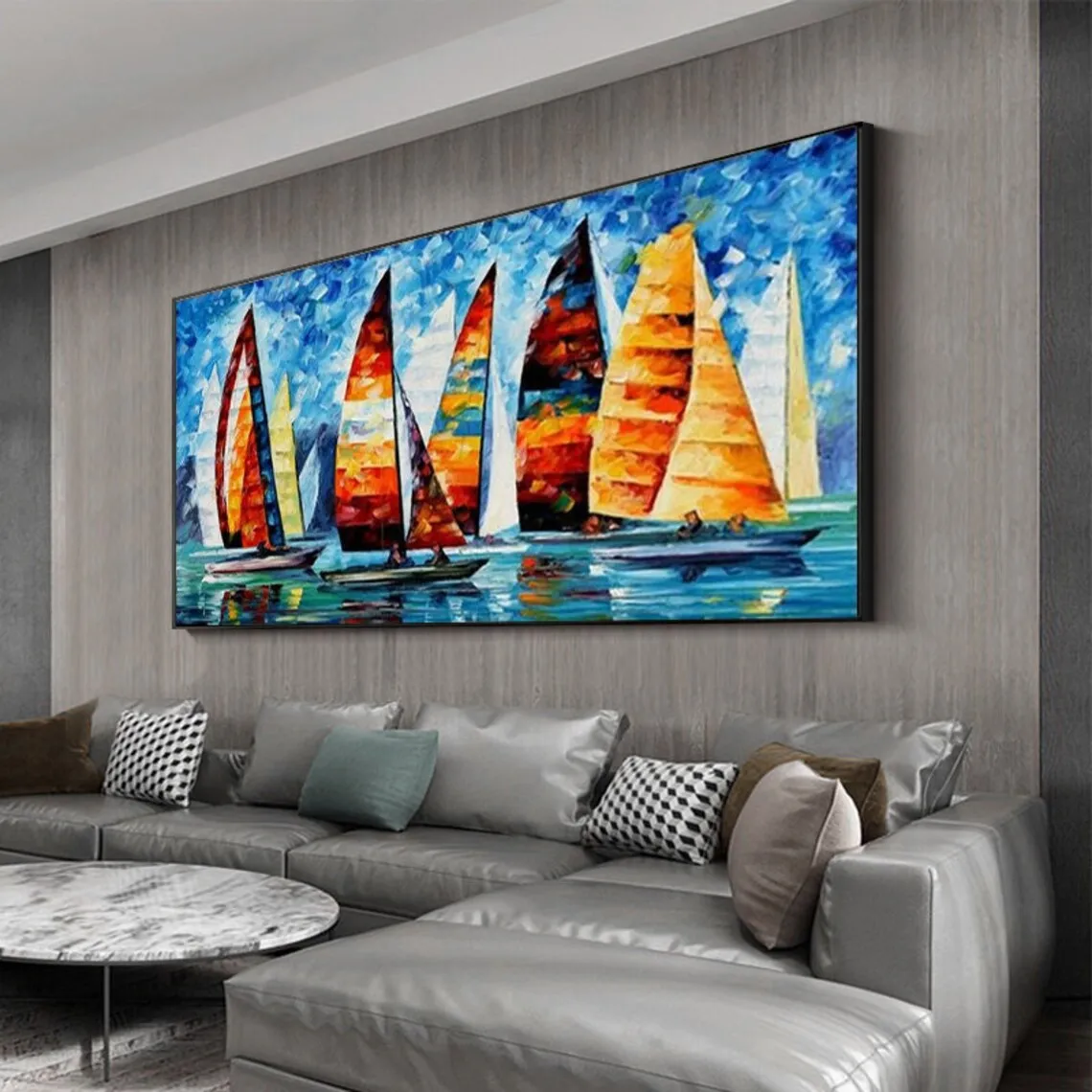 Large Sailboat Oil Painting Handmade Canvas Colorful Harbor Painting Nautical Landscape Painting Seascape Painting Wall Decor