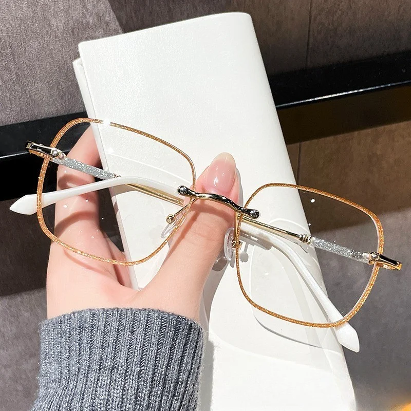 Anti-Blaulicht-Brille für Damen, glänzend, Anti-Strahlungs-Brille, Retro-Randloser Rahmen
