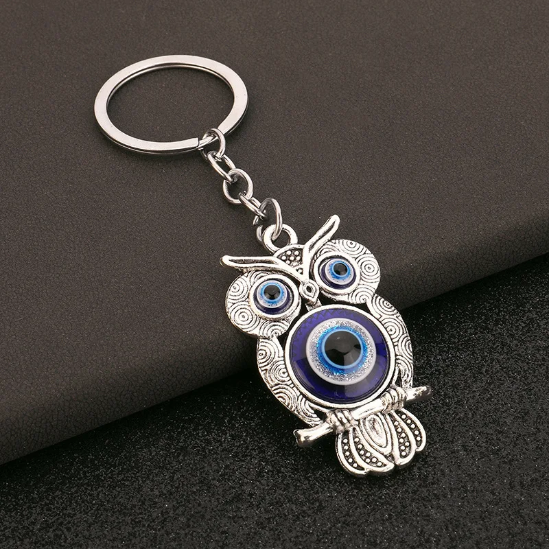 Religious Evil Eye Keychain Pendant Car Key & Keyring Silver Color Deep Blue Owl Animal Women Bag Accessories