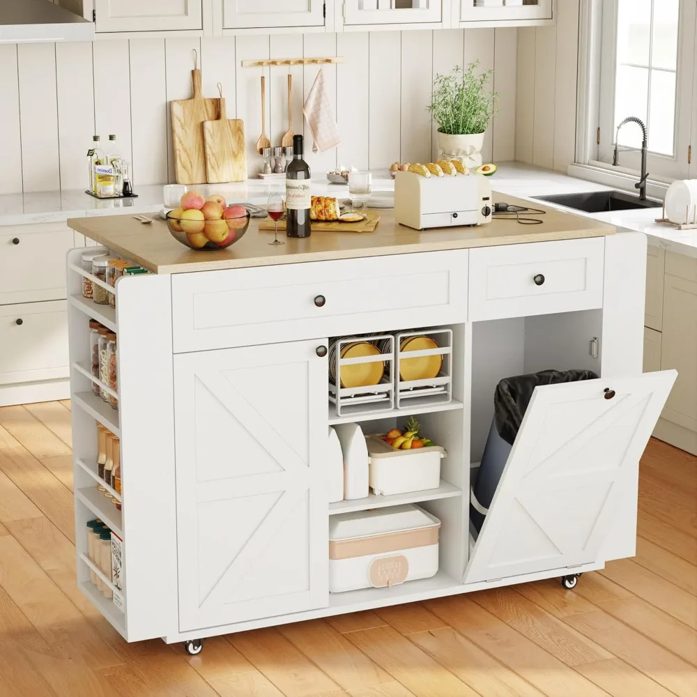 

Kitchen Island on Wheels with Storage, Rolling Island Cart with Power Outlet, Portable Kitchen Islands with Trash Can Storage, D