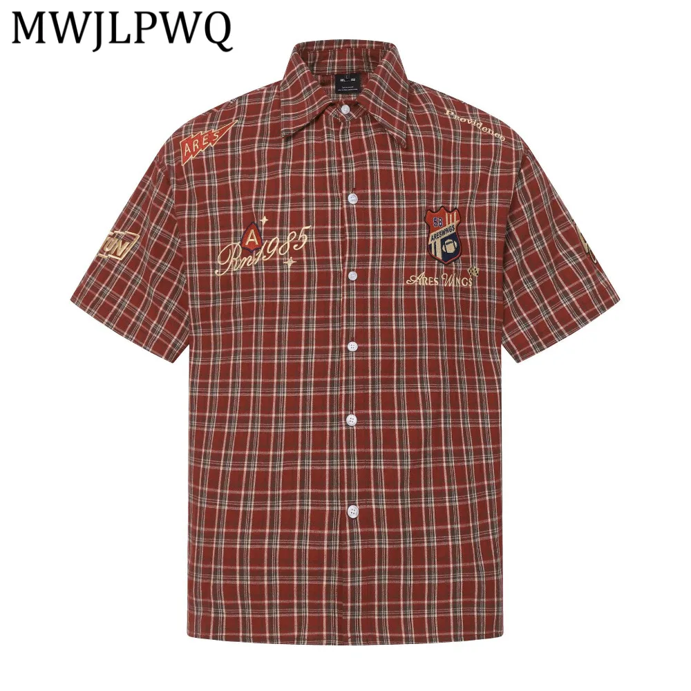 

MWJLPWQ Summer New American Style Pattern Embroidered Plaid Shirt For Men High Street Loose Short-Sleeve Casual Tops Chic 15286