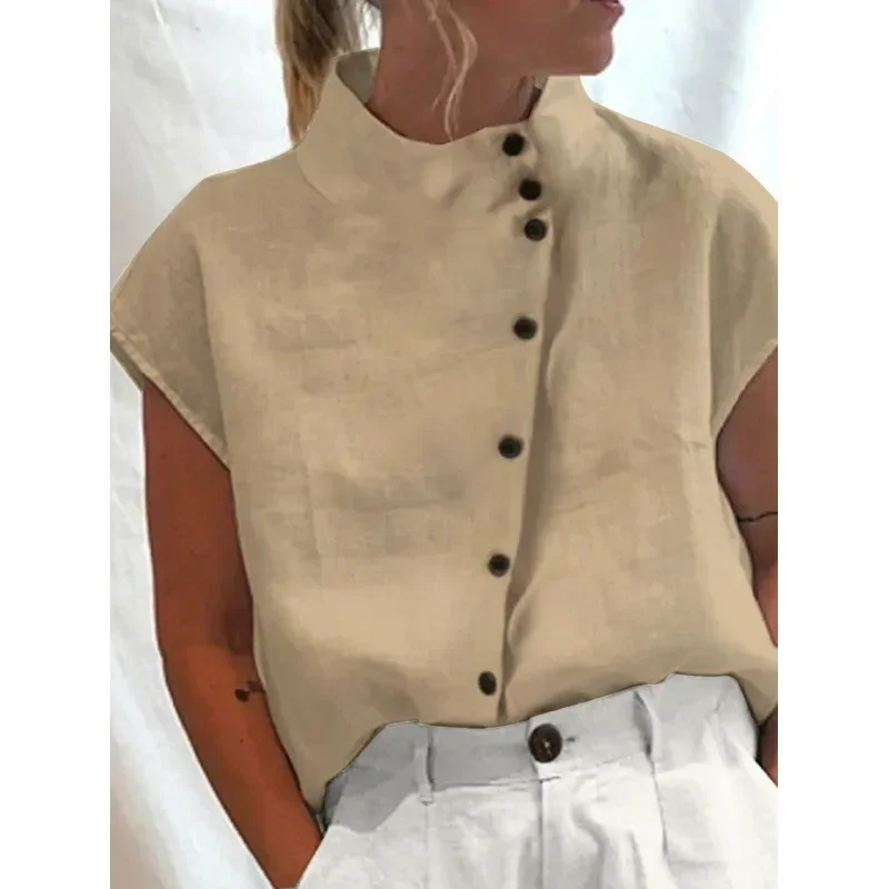 Camisa de primavera y verano para mujer, blusa con botones, cuello alto, manga corta, Color sólido, moda informal, cómoda, Regular, delgada, estándar