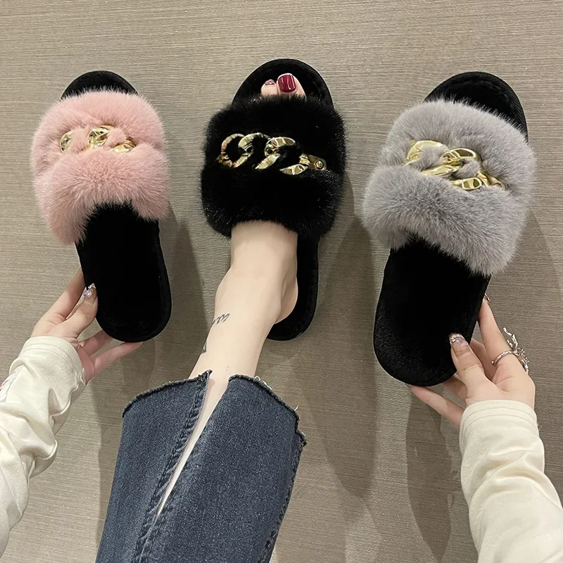 

New slippers Women's home slippers Warm slippers Women's winter metal chain home shoes casual plush cozy