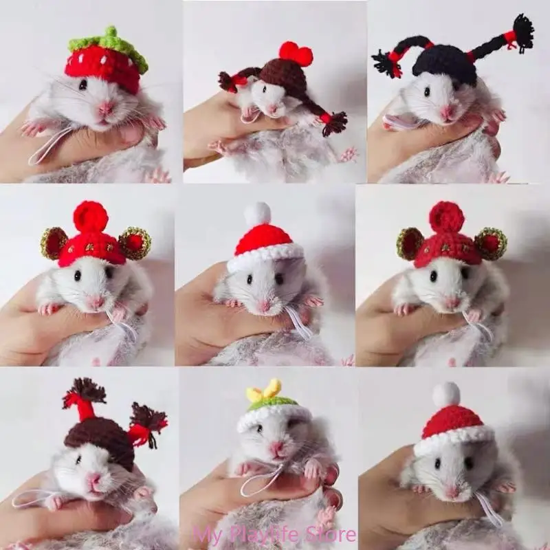 Handmade Crochet Small Pet Hat Adjustable Neckstrap Hamster Cartoon Costume Headgear Hat Winter Warm Hat Bird Headwear