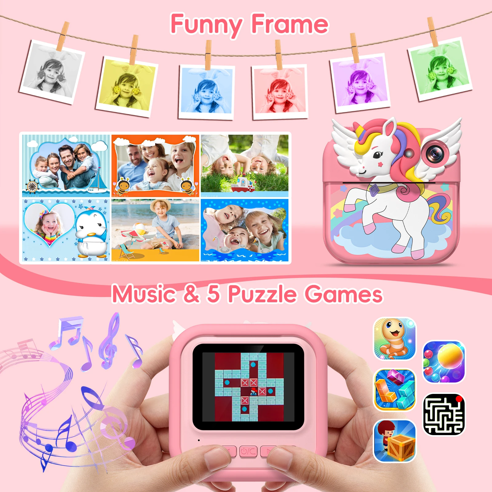 Sofortbildkamera für Kinder, 12 MP/1080P-Kinderkamera mit 32 GB Karte, 2,4-Zoll-Sofortbildkamera, Geburtstagsgeschenk für Kinder im Alter von 3–12