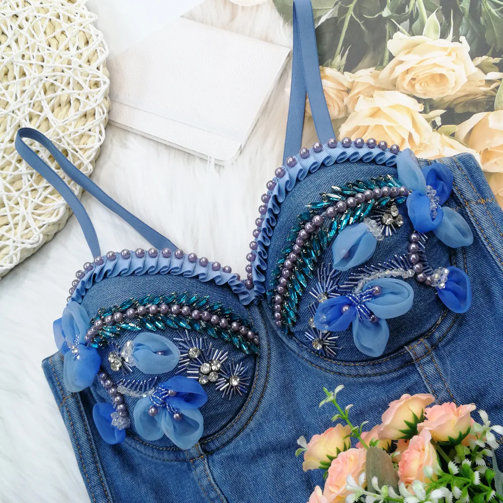 Design Sense Niche Denim Sling Beaded Vest Halloween Disco Top Girl Women Crop Top Fashion 3D Flower Slim Fit Wearing Simple Bra