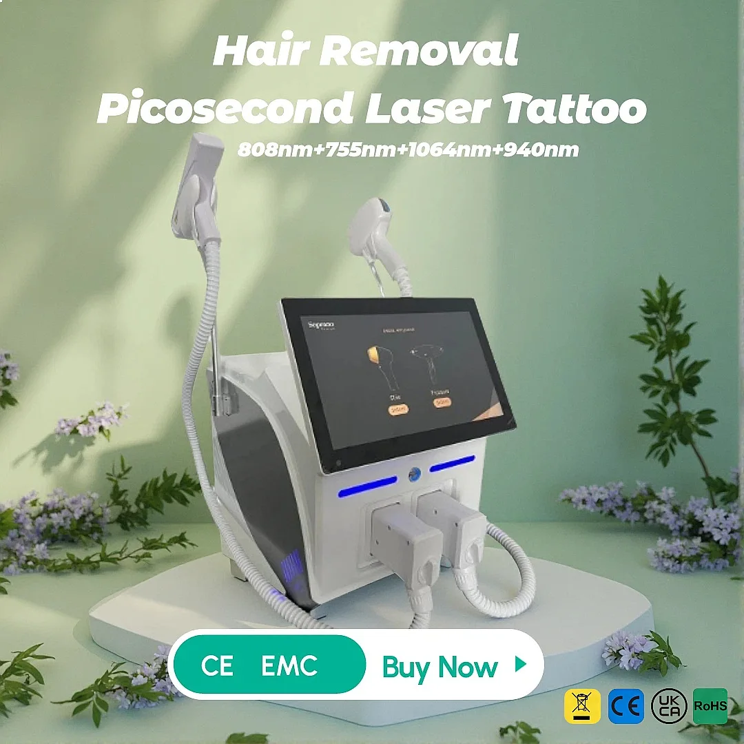 2 Handle Laser Hair & Tattoo Removal Device 4 Wavelengths Facial Underarm Leg Hair Removal Beauty Salon Equipment