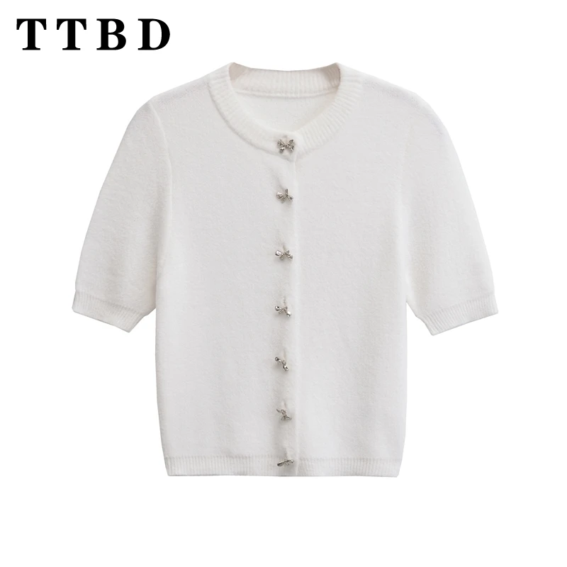 

TTBD 2024, новый осенний женский модный вязаный свитер, кардиган, женский повседневный вязаный топ с круглым воротником и короткими рукавами, белое короткое пальто