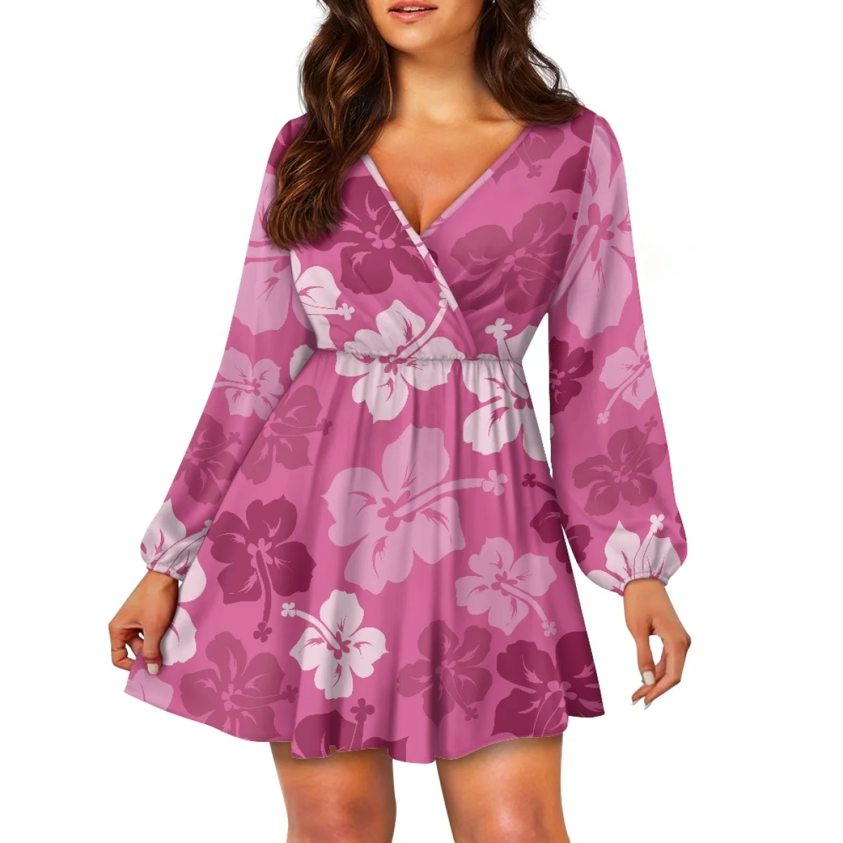 Spring  Lady Elegant Party Dresses Polynesian Tribal Clothing Samoa Hawaii Pink Hibiscus Print Long Sleeve V Neck Swing Dress