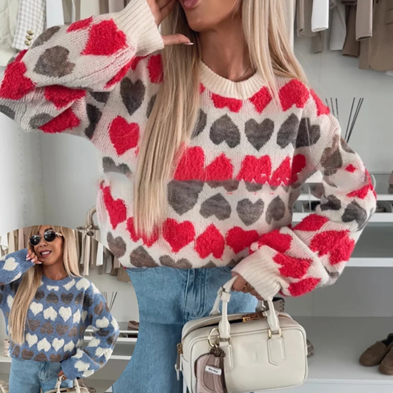 2026 Casual Commuting Sweater Top O Neck Long Sleeved Jacquard Knitted Pullover Autumn Winter Soft Warm Loose Fit Women Sweater
