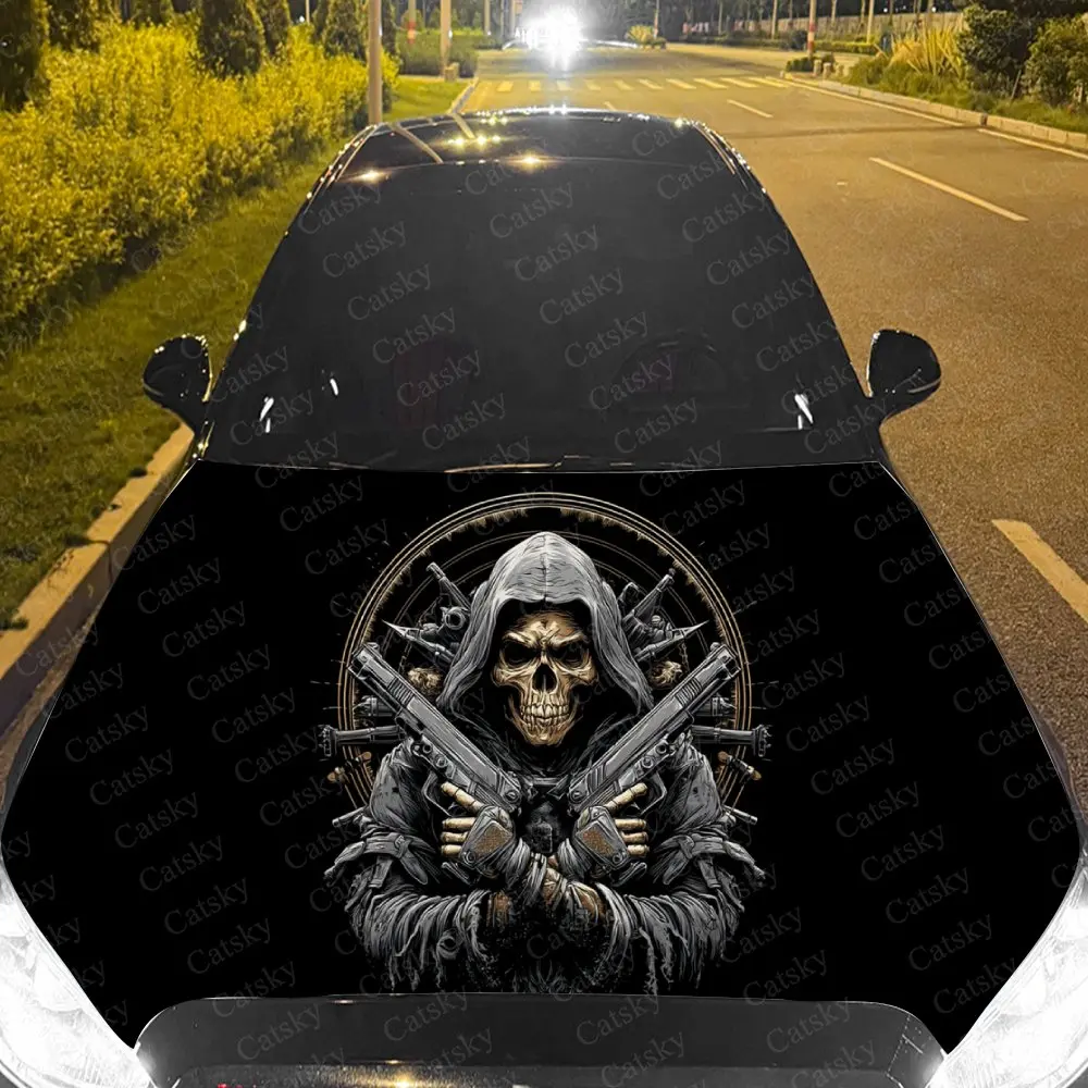 Ornate Reaper & Crosses Car Hood Sticker,Waterproof Self-Adhesive Vinyl Graphics Decals,Decorative Auto Accessories Stickers