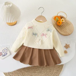 Children's Clothing Sets Bow Knit Top + Pleated Skirt Winter Baby Girl Clothes Knit Sweater for 2 -6 Years Toddler Girl Cardigan