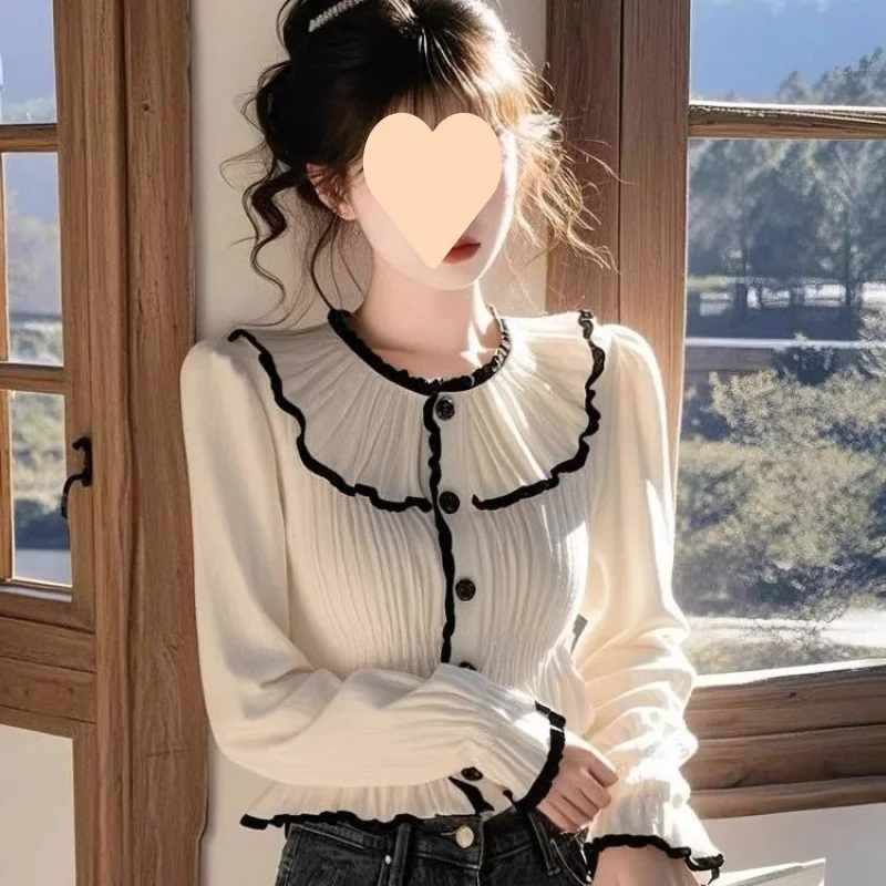2025 French high-end foreign-style design long-sleeved shirt women's spring and autumn  ruffle edge unique beautiful top
