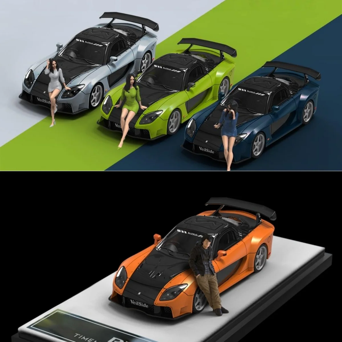 

Модель автомобиля из широкого кузова TimeMicro 1:64 RX-7 Veilside оранжевого/зеленого/синего сплава