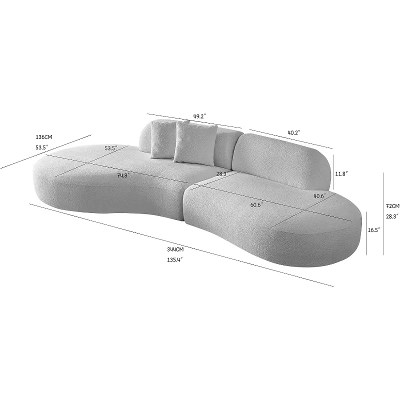 Canapé incurvé avec 2 oreillers, canapé sectionnel moderne, tissu boumunsolutions.com, chaise longue respirante, 135.4 ", 6 places