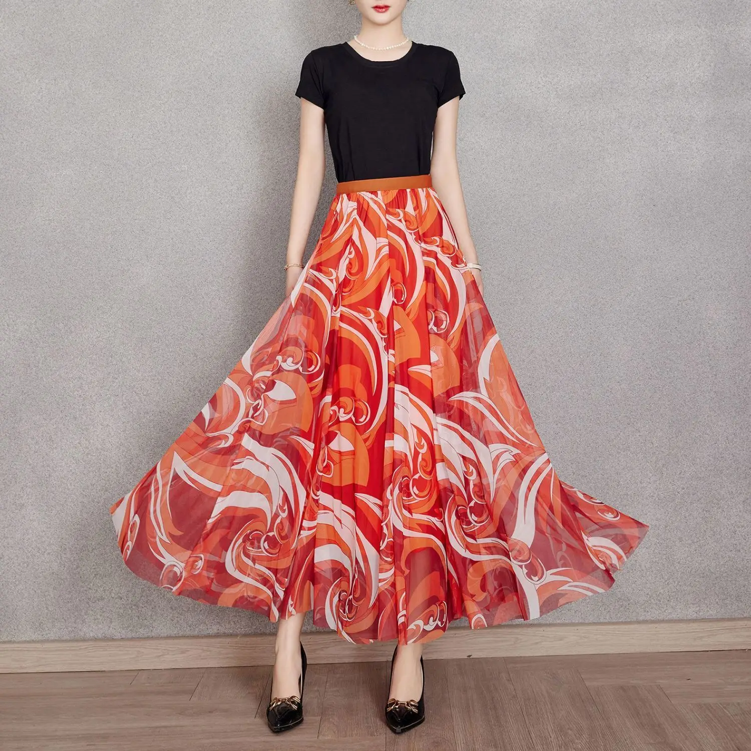 

Spring Summer Three-layer Skirts Elastic High Waist Large Swing Gauze Skirt A-line Long Dancing Skirts