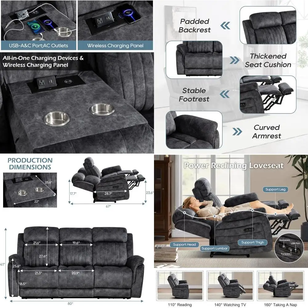 أريكة كهربائية قابلة للاستلقاء بثلاثة مقاعد مع مسند قابل للتعديل وشحن لاسلكي ومنافذ USB وحاملات أكواب ومخرج باللون الرمادي #1