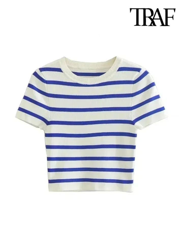 Women Fashion Striped Basic Cropped Knit Sweater Vintage O Neck Short Sleeve Female Pullovers Chic Tops