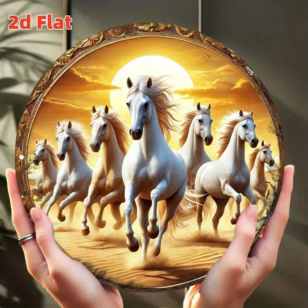 2D Metal Sign, 7.8x7.8 Inch Round Sunset Horse Wall Art, HD Print Dustproof Metal Sign for Living Room Office Spa Indoor Outdoor