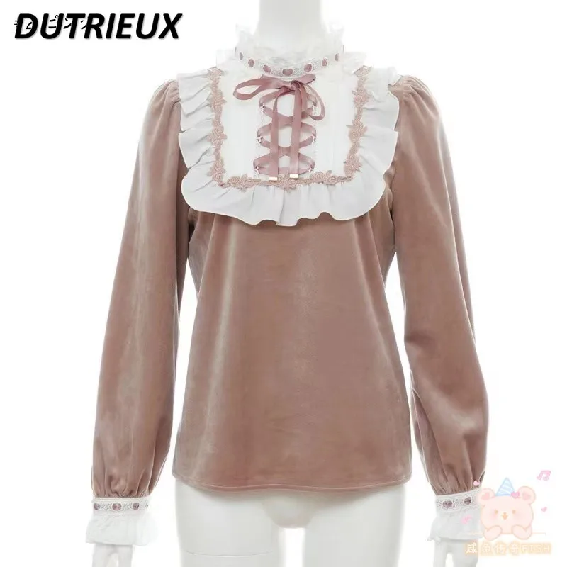 Japanese SC Top Autumn Winter Rose Lace Velvet Ribbon Mine Long Sleeve Bottoming Shirt Inner Wear T-shirts Girls Kawaii Clothes