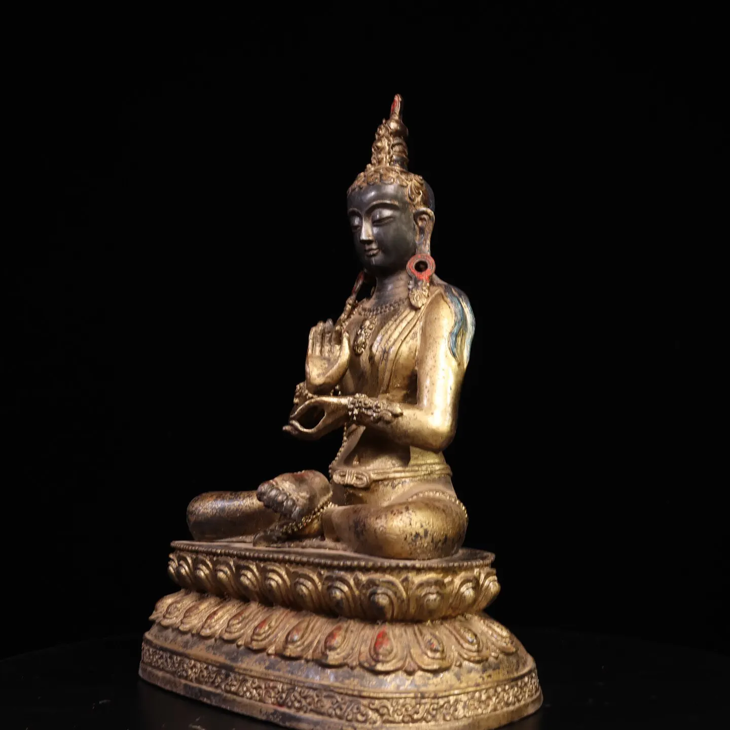 Antique Bronze Gold Gilded Vajradhara Buddha Statue Serene Face Fine Craft Heavy Patina Meditation Decor