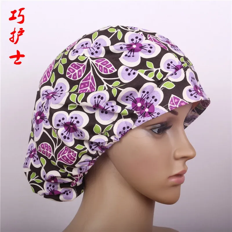 Breathable cotton printed pod head doctor long hair work cap operating room nurse cap