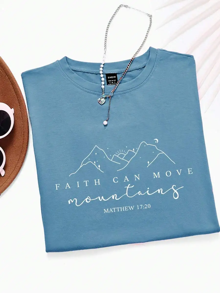 

Faith Can Move Mountains T-Shirt for Women, Short Sleeve Crew Neck with Bible Verse Matthew 17:20, Summer Casual Wear