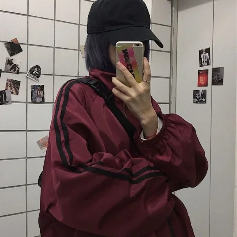 Jaket ukuran besar wanita, Luaran Harajuku gaya BF Chic tahan matahari Korea jaket penahan angin ritsleting Streetwear musim gugur 2024