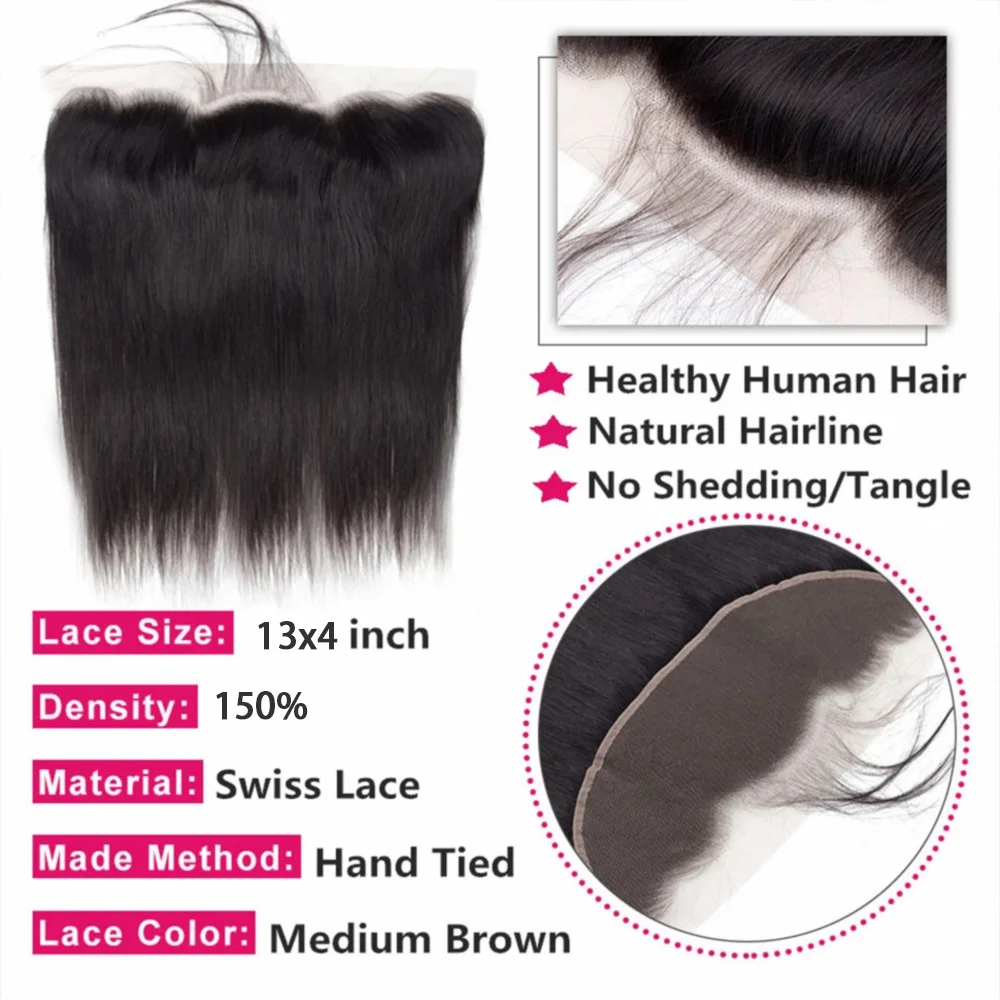 Straight Human Hair Bundles With Closure 100% Unprocessed Human Hair Bundles Extensions Frontal HD Lace Straight Natural Black