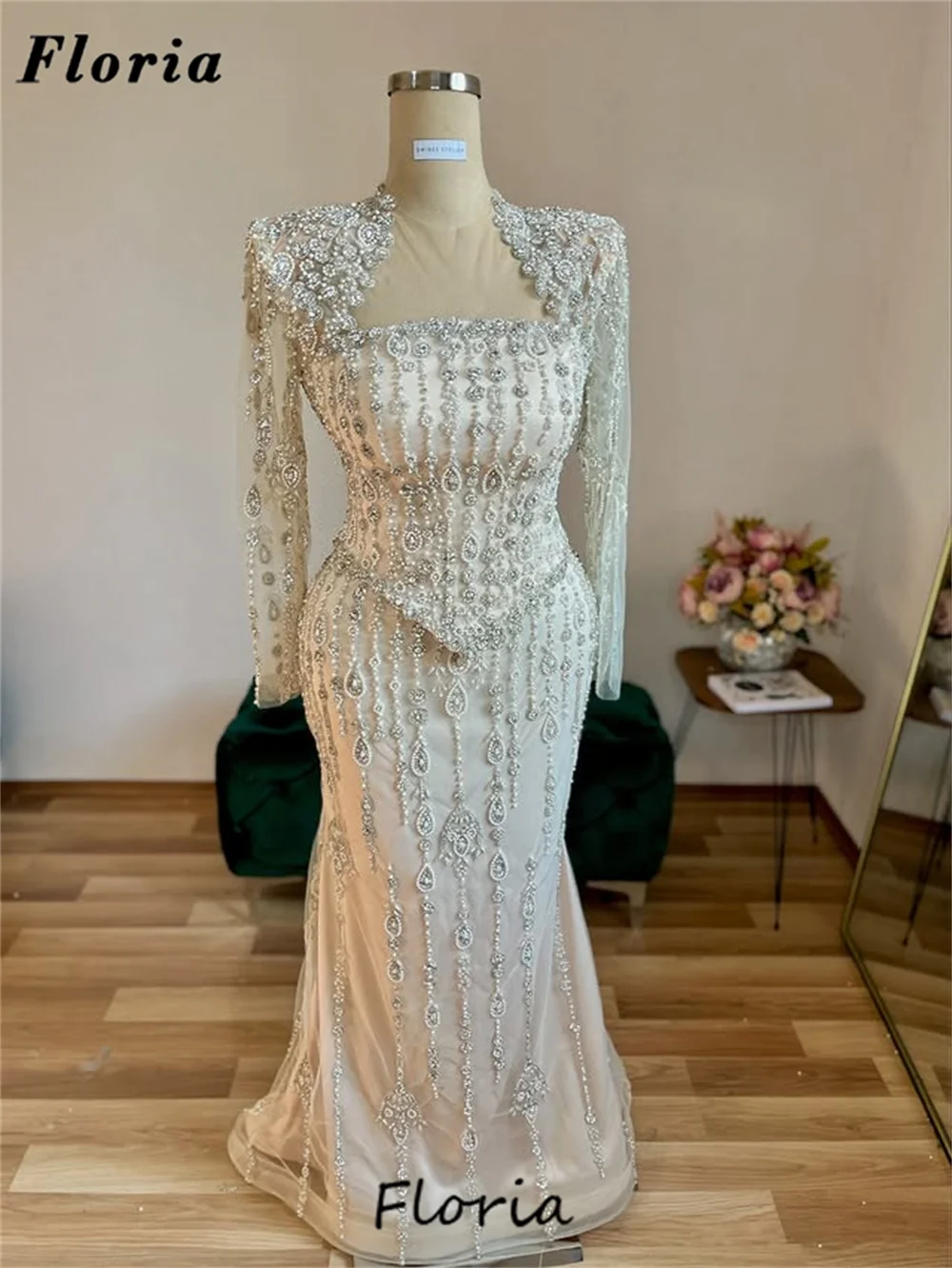 

New Elegant Silver Long Sleeves Evening Dresses Beaded Wedding Guest Gowns Female Prom Party Dress Vestidos De Noche Customized