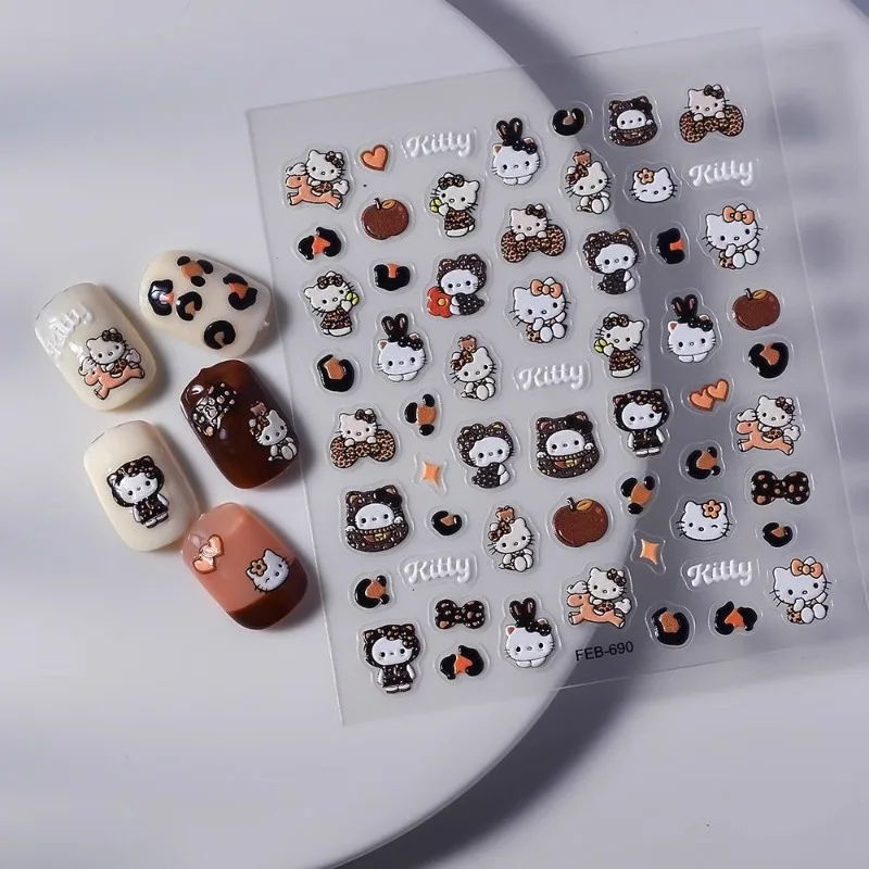 Sanrio Kawaii HelloKitty Embossed Nail Stickers 3D Leopard Cat Chocolate KT Nail Water Cup Decoration Stickers Wholesale