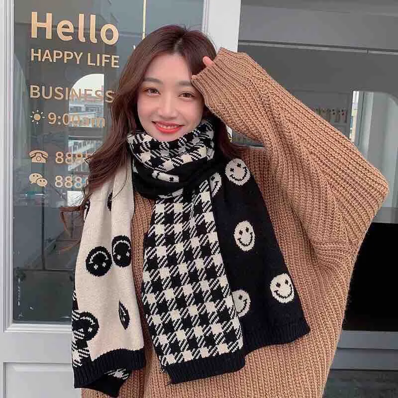 Wool Knitted Scarf Smile Face Winter Scarf Double-sided Printed Warm Shawl Long Cashmere Women Scarves Christmas New Year