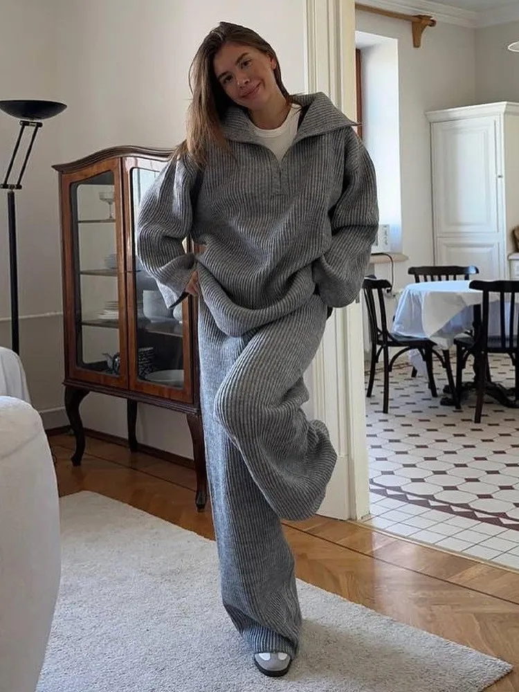 

Women's Long Sve Collar Wide Leg Pants Set High Waist Straight Cut Trousers Zipper Detail Knitted PVC Casual Pants